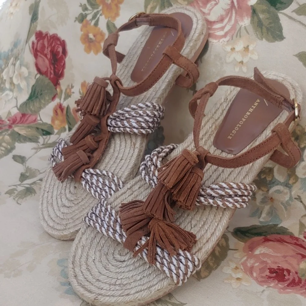 Anthropologie Brown Suede and Jute Rope Women's Sandals with Tassels size 8
